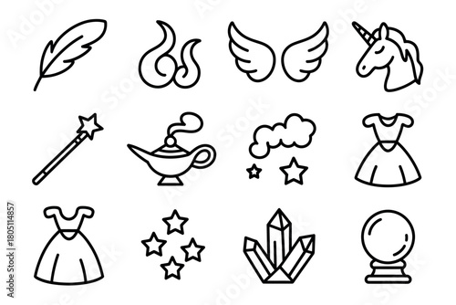 A collection of whimsical icons representing fantasy elements such as feathers, flames, wings, unicorns, wands, genies, stars, dresses, and crystal balls.
