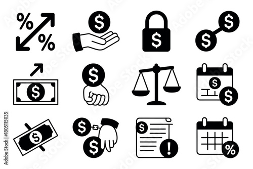A collection of financial icons illustrates concepts of money, investment, security, and financial planning for business.