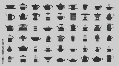 Coffee and tea brewing equipment silhouettes and icons set. Diverse teapots, coffee makers, cups, and mugs for hot beverages.