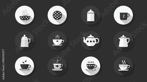 Modern flat design hot drink icons set with long shadows. Collection of minimalist coffee and tea cups, pots, sugar, and cookie symbols.
