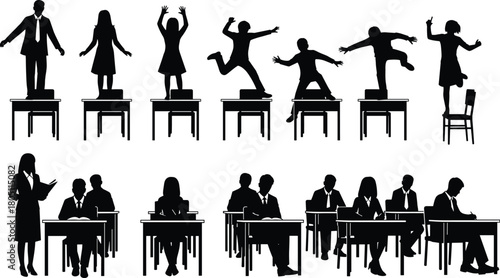 Silhouette of students jumping on desks versus sitting studying, classroom behavior comparison, unruly and disciplined pupils, school education vector