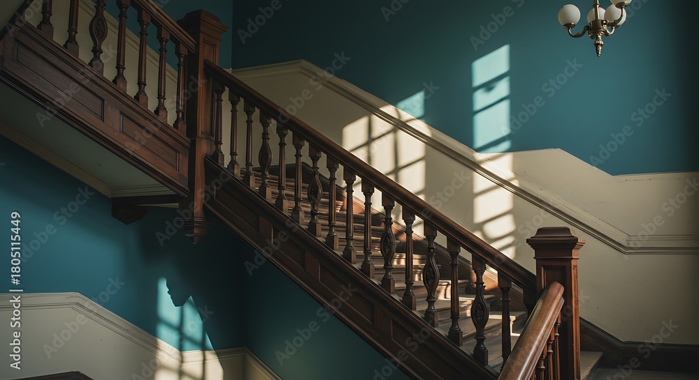 Obraz premium Elegant wooden staircase in a historic building, bathed in warm natural sunlight, creating dramatic shadows and highlighting classic interior architecture and timeless design