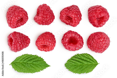 Ripe raspberries with leaf isolated on a white background. Top view. Flat lay