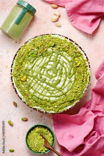 Fototapeta Naklejka Na Ścianę i Meble -  Pistachio tiramisu. top veiw .selective focus.