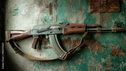 Vintage AK-47 Rifle Against Textured Wall