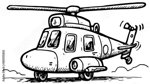 Hand-drawn black and white helicopter illustration. Sketch of an air transport vehicle, rotary-wing aircraft in monochrome line art.