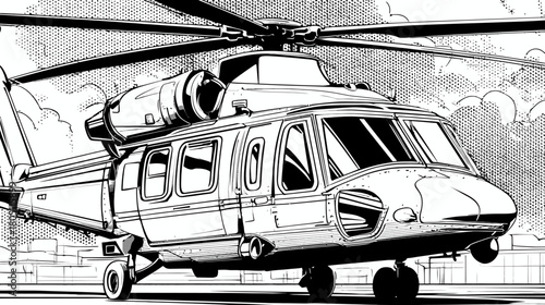 Detailed black and white illustration of a modern transport helicopter on a helipad, digital drawing, air travel concept.