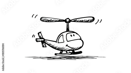 Simple hand-drawn cartoon helicopter with a happy face, flying doodle sketch style transport