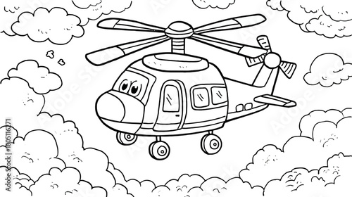 Cartoon helicopter flying in white clouds, black and white line art illustration for coloring book, children's activity page