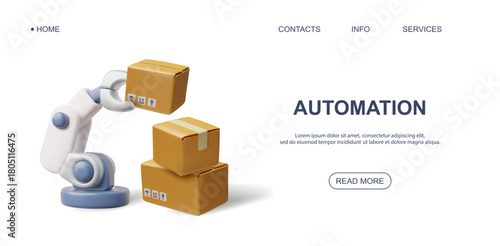 A 3D website banner featuring a robotic arm handling boxes.