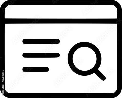 An outline icon representing a web browser with a magnifying glass, symbolizing online search, web browsing, and digital results.