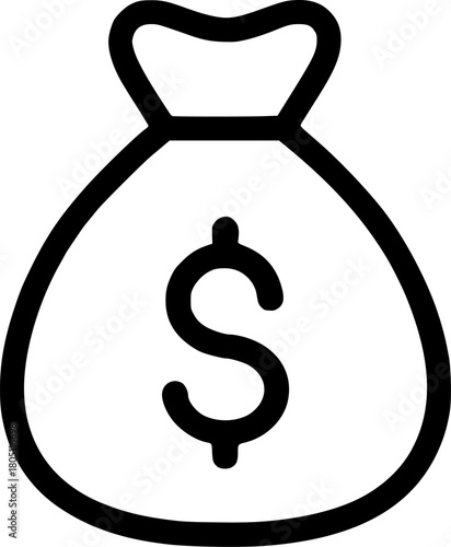 An outline icon representing a money bag with a dollar sign, symbolizing wealth, savings, financial profit, and investment.
