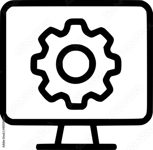 An outline icon showing a gear on a monitor screen, representing system settings, software maintenance, and operational configuration.