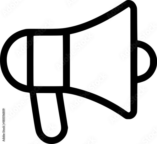An outline icon of a megaphone, symbolizing marketing, advertising, public announcements, and communication to a large audience.