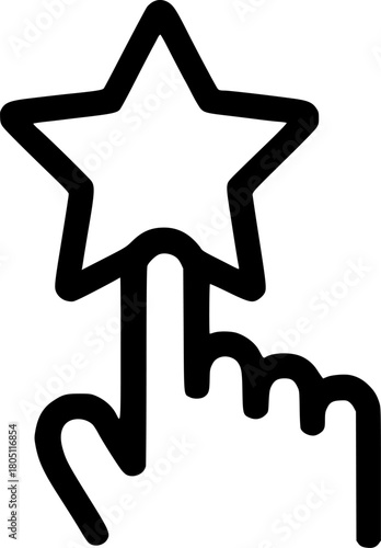 An outline icon representing a hand selecting a star, symbolizing a good choice, favorite item, high rating, or best quality.