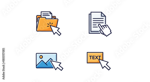 Digital file management icons depicting folders documents images and text selection