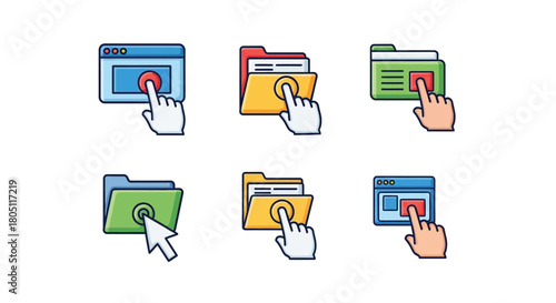 Colorful folder icons and hand cursors illustrating file management actions