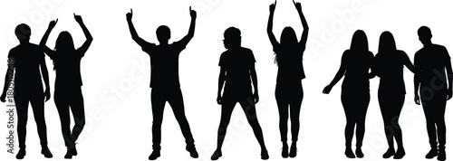 Black silhouette group of people standing, dancing, cheering, and interacting in casual poses on white background vector art