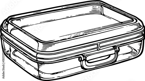 Empty transparent rectangular plastic food storage container with a secure clear lid. Isolated line art drawing illustration.