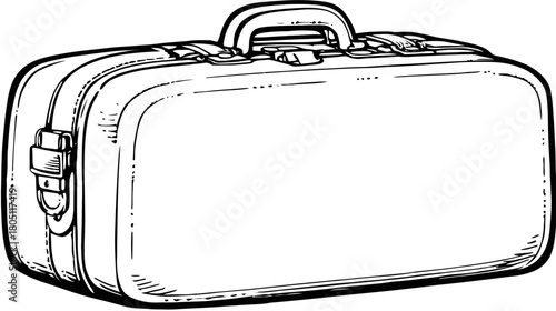Classic vintage travel suitcase line art illustration. Hand-drawn luggage, vacation bag, trip accessory in black and white sketch style.