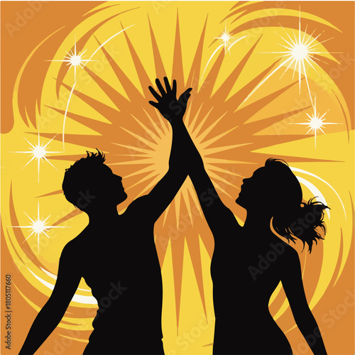 Silhouettes of Man and Woman Celebrating Teamwork