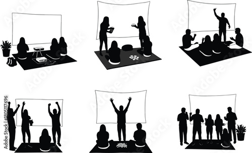 Black and white silhouettes of people watching screen, sharing snacks, celebrating, and interacting in communal movie night scenes