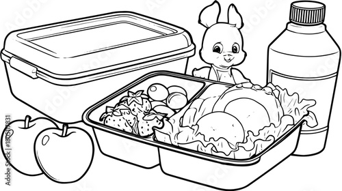 Healthy packed lunch bento box with apples and drink bottle, featuring a cute character, line art illustration for coloring page