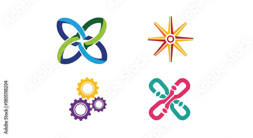 Abstract colorful logo designs featuring interconnected shapes and symbolic elements