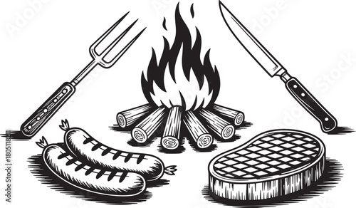 Barbecue Grill Elements with Fire, Sausages, and Steak campfire cooking
