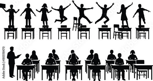 Silhouette of unruly students jumping on desks versus disciplined pupils sitting quietly, classroom behavior comparison and school education vector