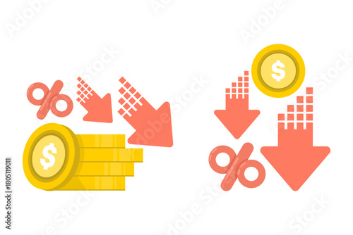 Profit and loss icon in flat style, illustrating falling investment funds and percentage declines, symbolizing budget cuts and economic downturn. flat design illustration on background.