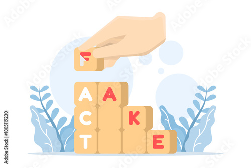 Businessman arranging wooden blocks labeled FACT and FAKE on a table, symbolizing true vs false news and the importance of verifying information. flat vector illustration on background.