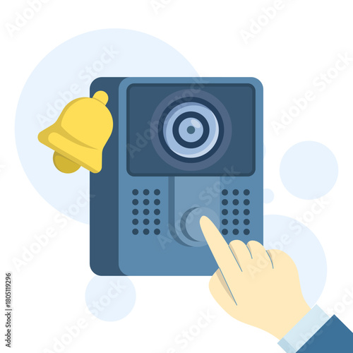 Flat vector illustration of a smart video doorbell system. Shows camera monitoring, home security alerts, remote access, and modern smart-home technology for enhanced safety and convenience.