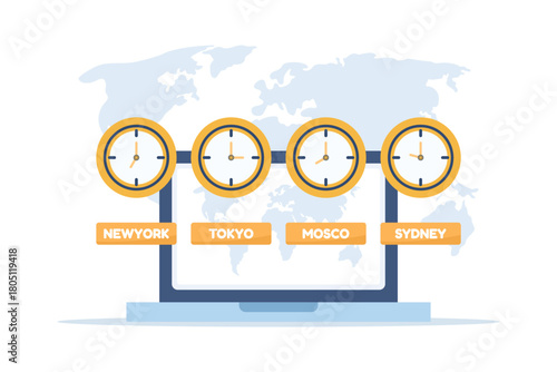 Time zone settings and global digital communications concept, illustrating how users manage and coordinate time across different regions worldwide.