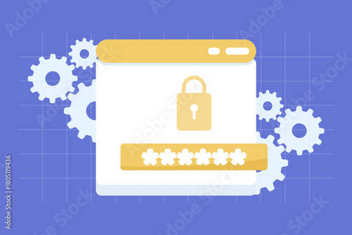 Flat vector illustration of password protection with a shield and gear symbol. Represents secure login, data security, system settings, encryption, and safe account authentication.