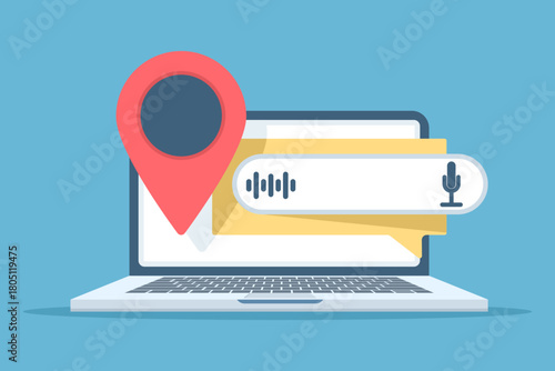 Voice search optimization concept for local businesses, featuring voice assistants, location-based queries, smart tech, and SEO to increase visibility and customer engagement.
