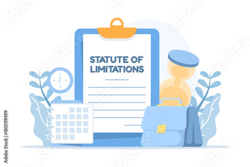 Statute of limitations and legal time limits illustration. Concept of deadline for filing cases, law expiration period, justice balance, calendar and clock symbols representing legal timeframe.