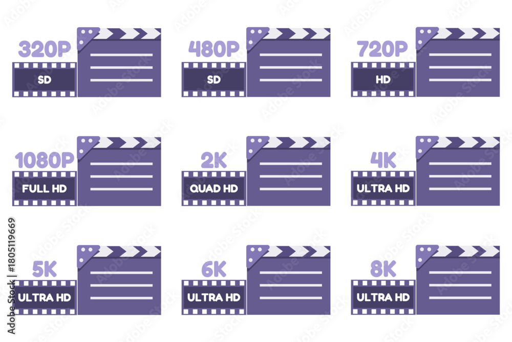 Clapperboard with resolution markings from SD to 8K Ultra, symbolizing video quality levels and modern broadcasting standards.
