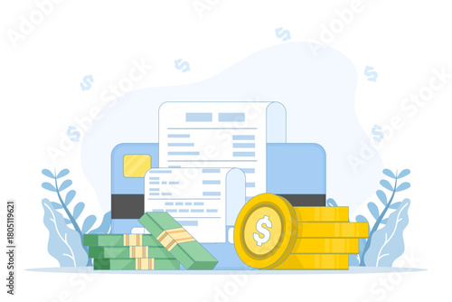 Flat icon of a shopping cart with a payment bill, representing online purchases, checkout processes, and digital transaction concepts. flat vector illustration on background