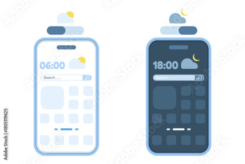 Dark mode vs light mode app settings illustration, showing users switching between day and night themes within a mobile interface for visual preference.