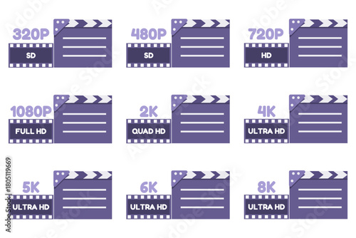 Clapperboard with resolution markings from SD to 8K Ultra, symbolizing video quality levels and modern broadcasting standards.