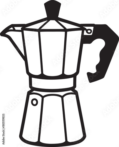 Black and white illustration of a stovetop coffee maker with a handle moka pot espresso