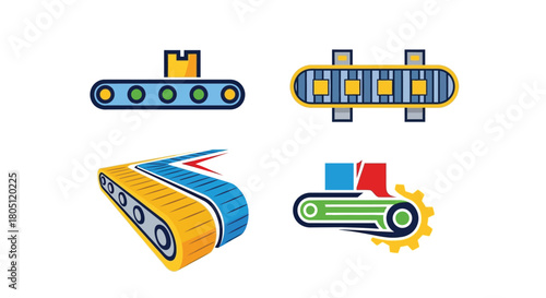 Illustration of conveyor belts and industrial automation elements in a flat design