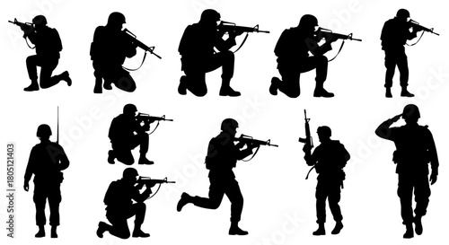 Silhouetted soldiers in various poses with rifles, ready for combat.
