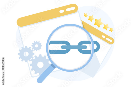 Link building illustration with interconnected links, representing SEO strategy, backlink creation, digital marketing, website authority, and improved online visibility. flat illustration.