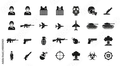 Black and white vector icons depicting military and warfare equipment.