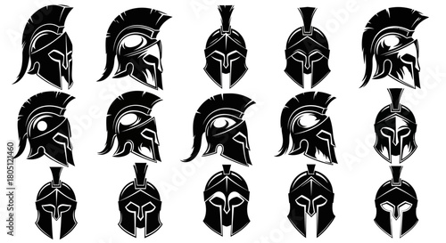 Collection of black silhouette Spartan or ancient Greek warrior helmets in various angles.