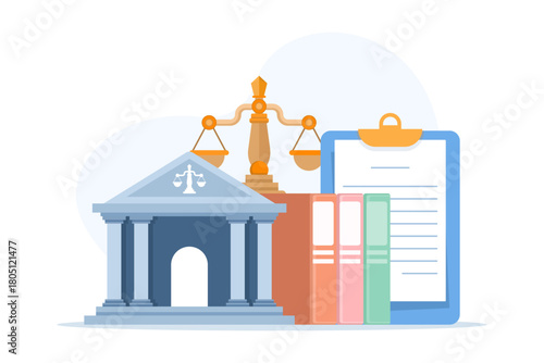 Legal consultation in a law firm. Lawyers assisting clients with documents, court matters, and professional legal advice in flat vector style.