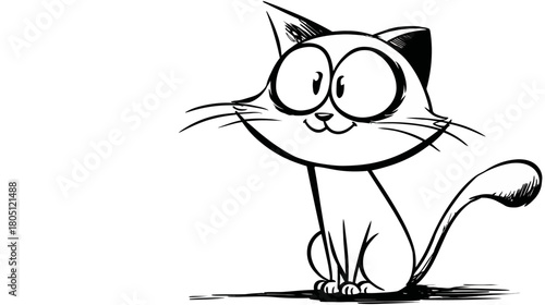 Cute Happy Cartoon Cat Illustration with Big Eyes, Black and White Sketch, Cheerful Feline Drawing, Pet Character