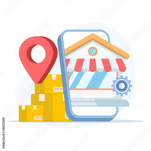 Online store configuration concept showing a smartphone with digital shop settings, customization tools, and logistics setup for delivery and e-commerce management.